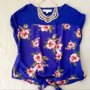 Hippie Rose Cobalt Blue Floral Tie Front Top M